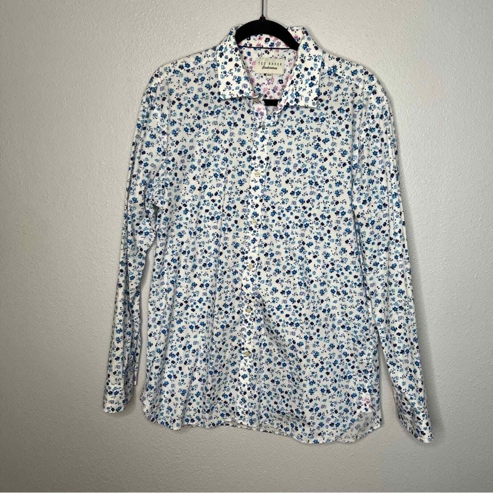 Ted Baker White Blue Floral Print Long Sleeve Button Down Shirt Mens
